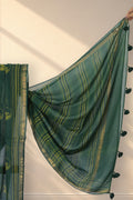 Golden zari and yellow striped border on Van Chakra Dabu saree