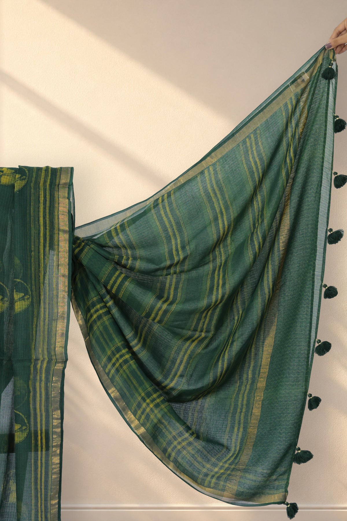 Golden zari and yellow striped border on Van Chakra Dabu saree