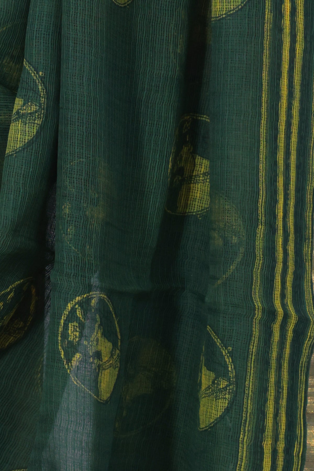 Green black and yellow striped pallu of Van Chakra Dabu saree