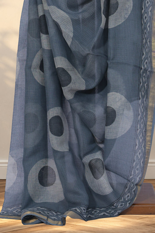Grey Dabu saree with black and white circular hand block printed motifs