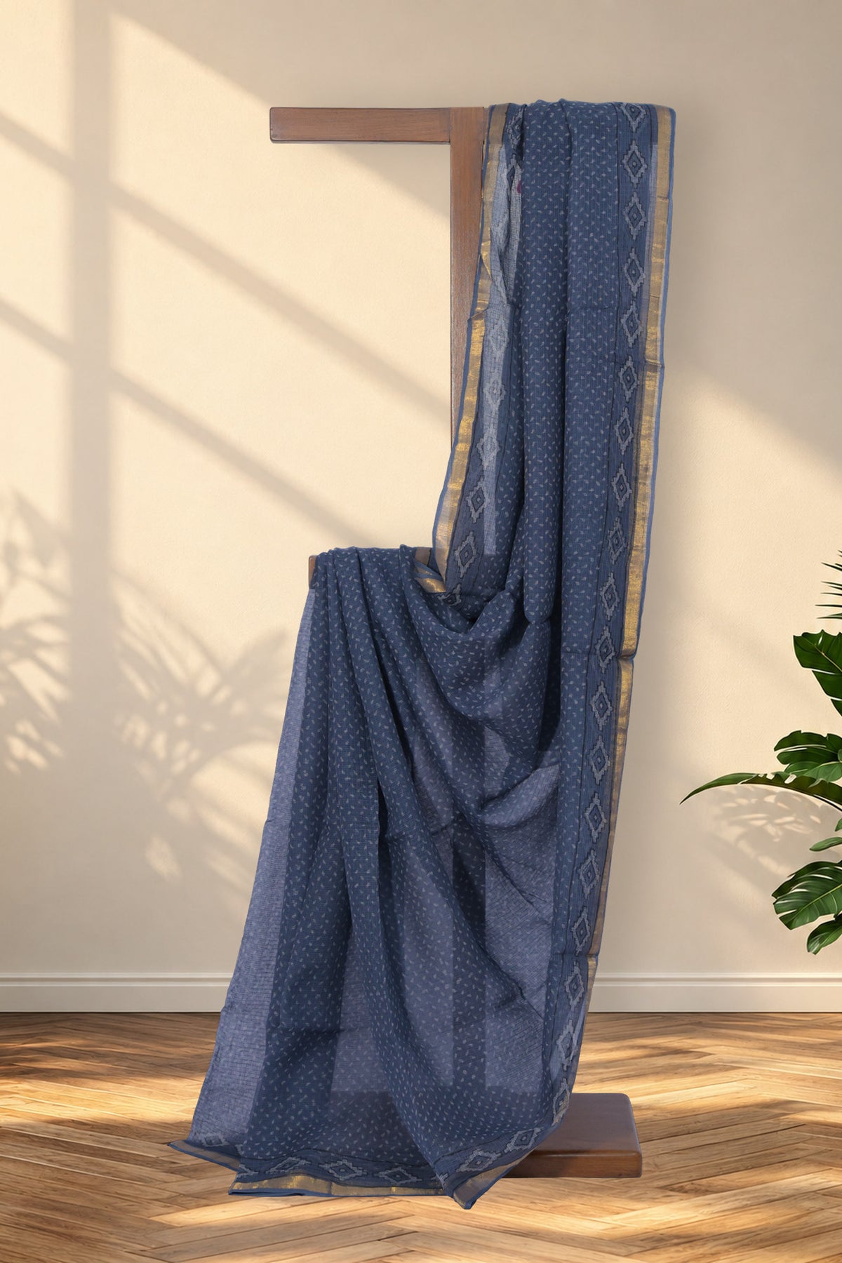 Os Bindu grey Dabu Kota Doriya saree with white dots and diamond border