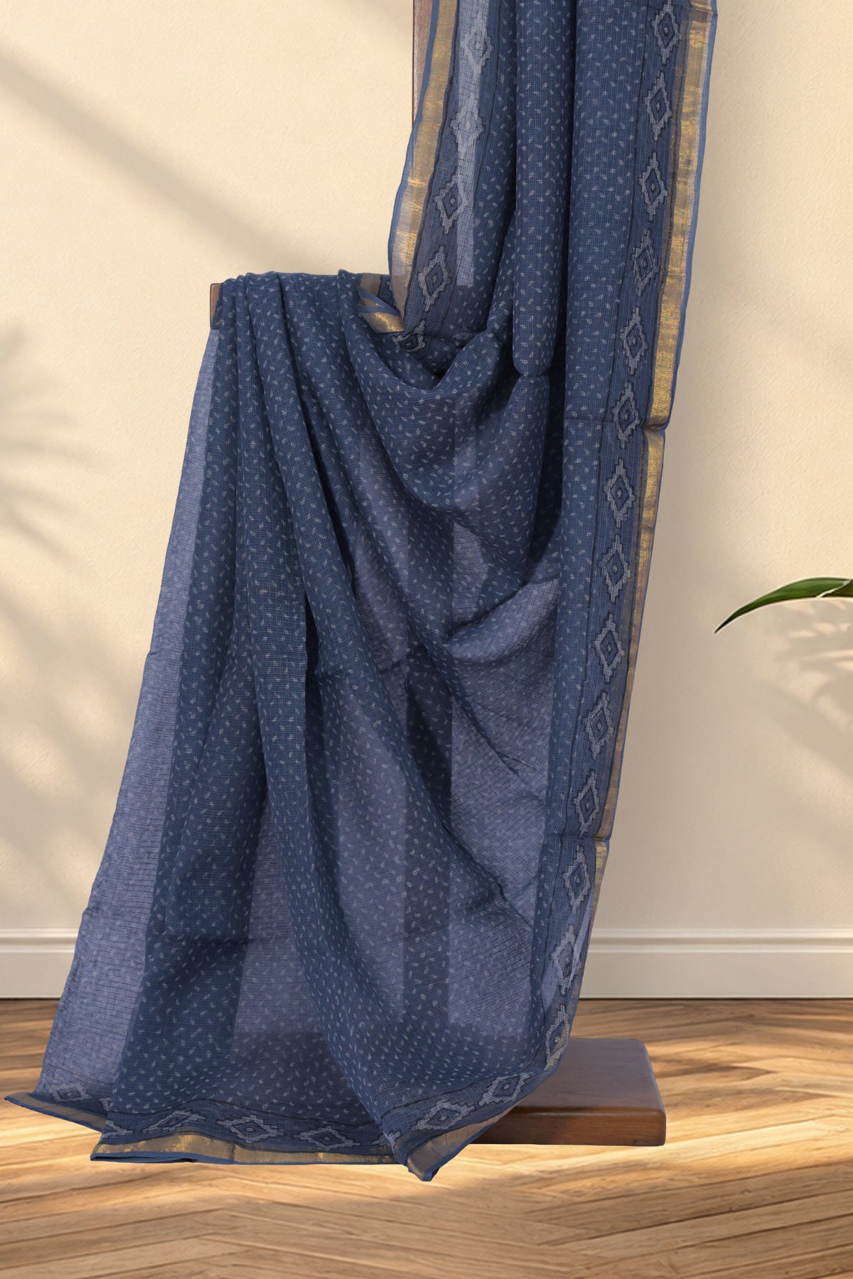Grey Dabu saree with small white hand block printed dots all over