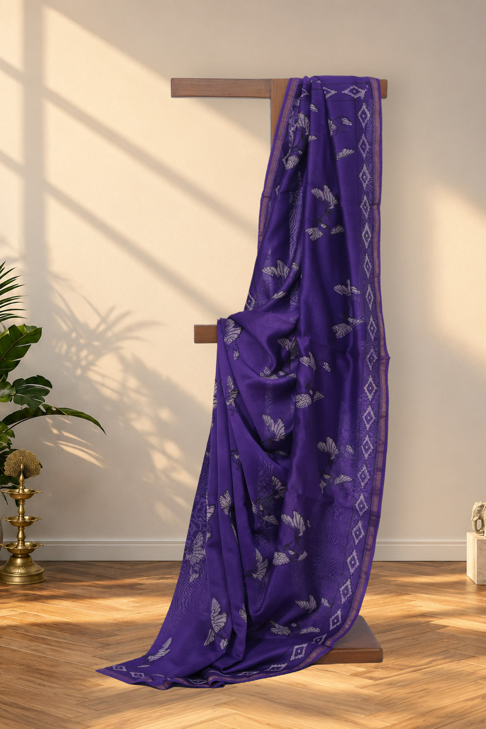 Jamuni Parinde purple Dabu Chanderi silk saree with bird motifs