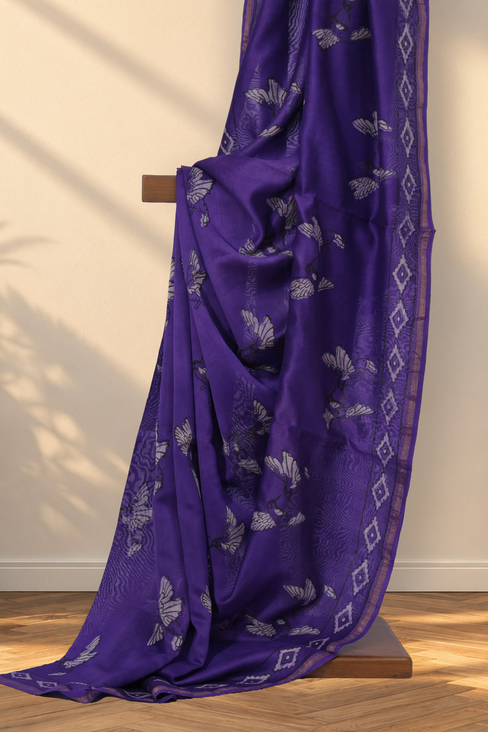 Purple Chanderi silk Dabu saree with hand block printed bird motifs