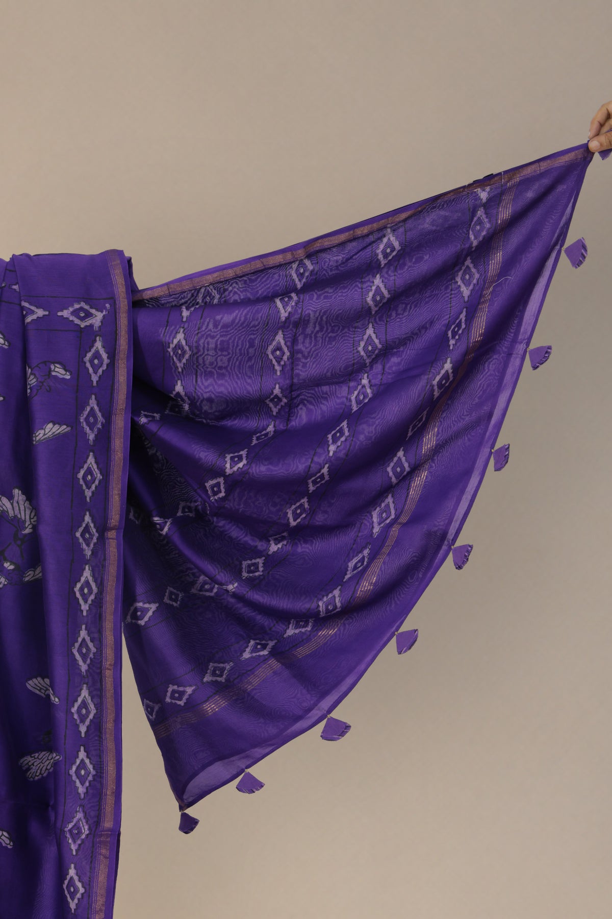 Golden zari and large diamond motif border on Jamuni Parinde Dabu saree