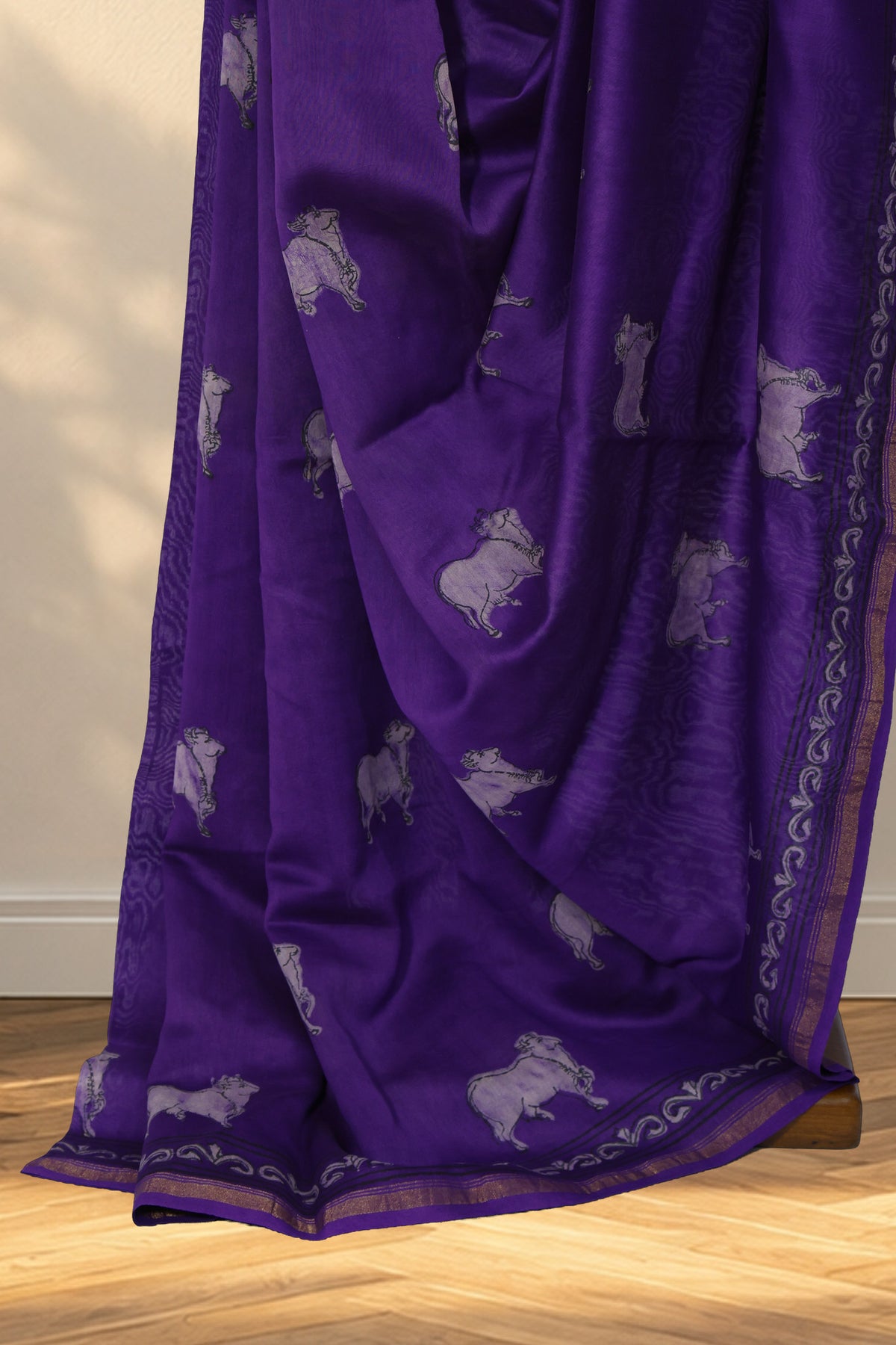 Purple Chanderi silk Dabu saree with hand block printed Pichwai motifs