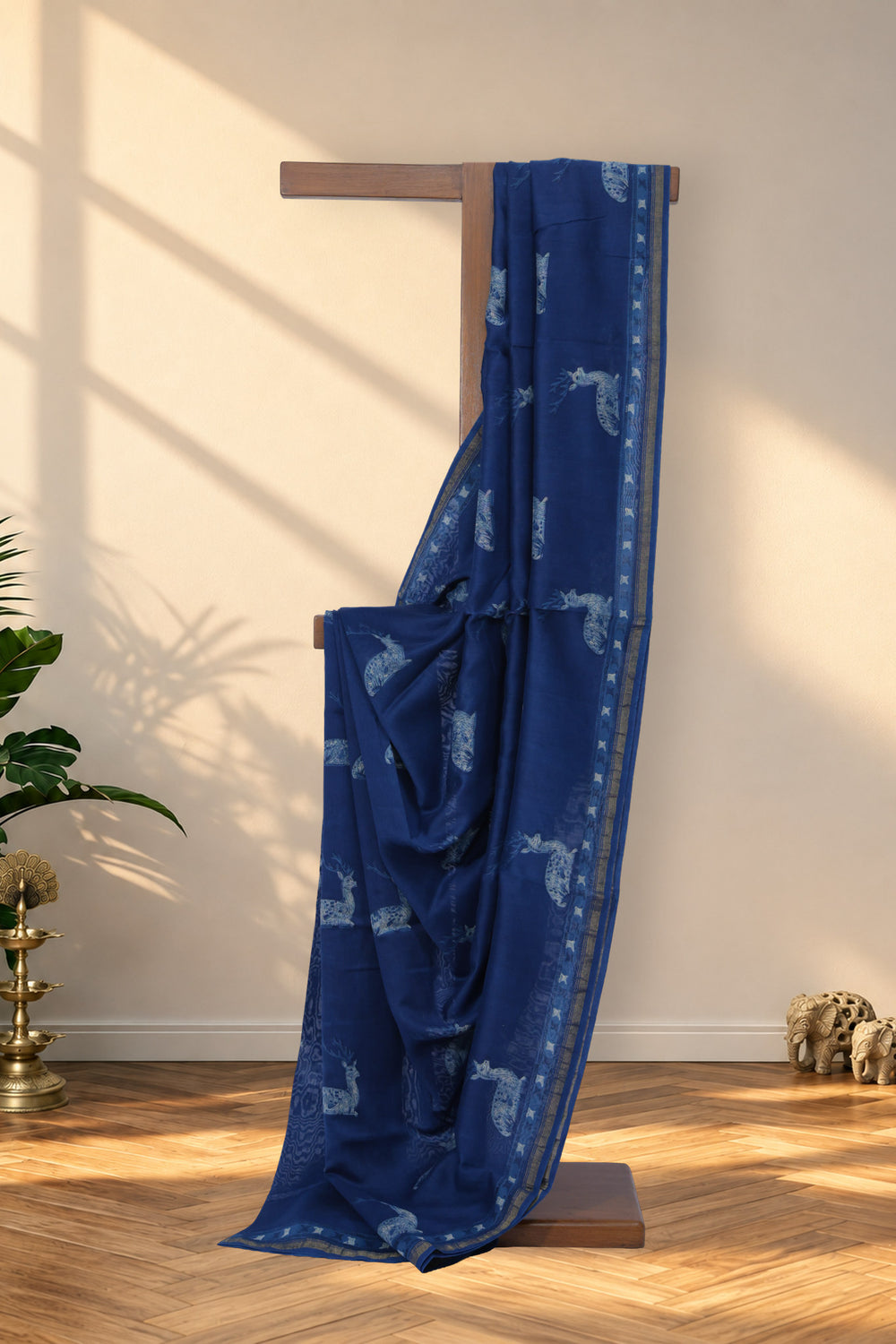 Hiran Neel indigo Dabu Chanderi silk saree with deer motifs