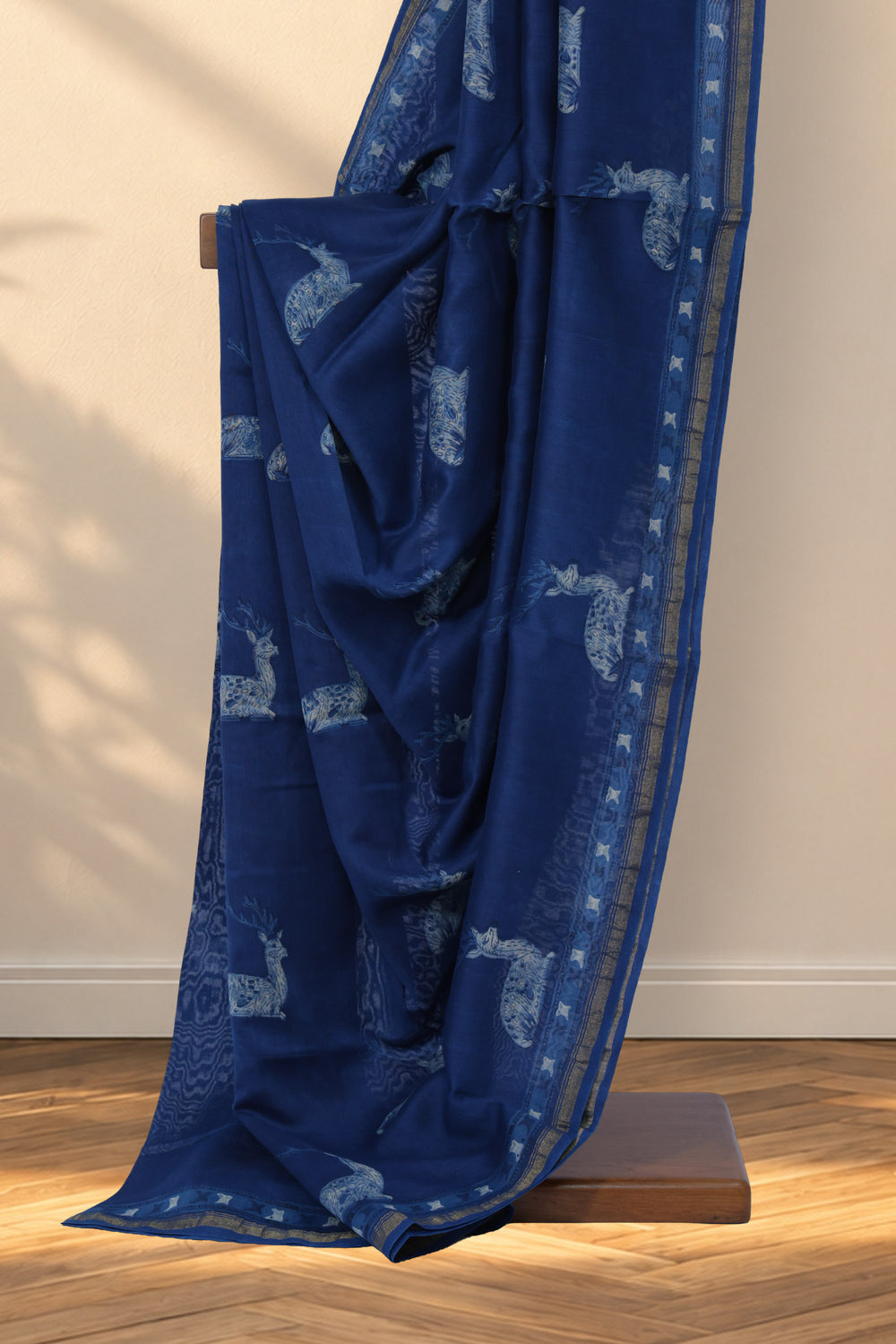 Indigo Chanderi silk Dabu saree with white hand block printed deer motifs