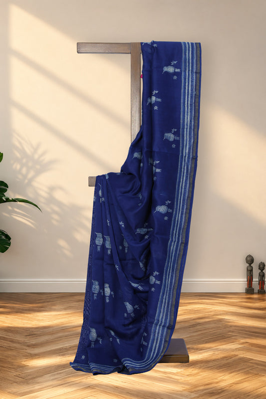 Chhoti Chidiya indigo Dabu Chanderi silk saree with hummingbird motifs