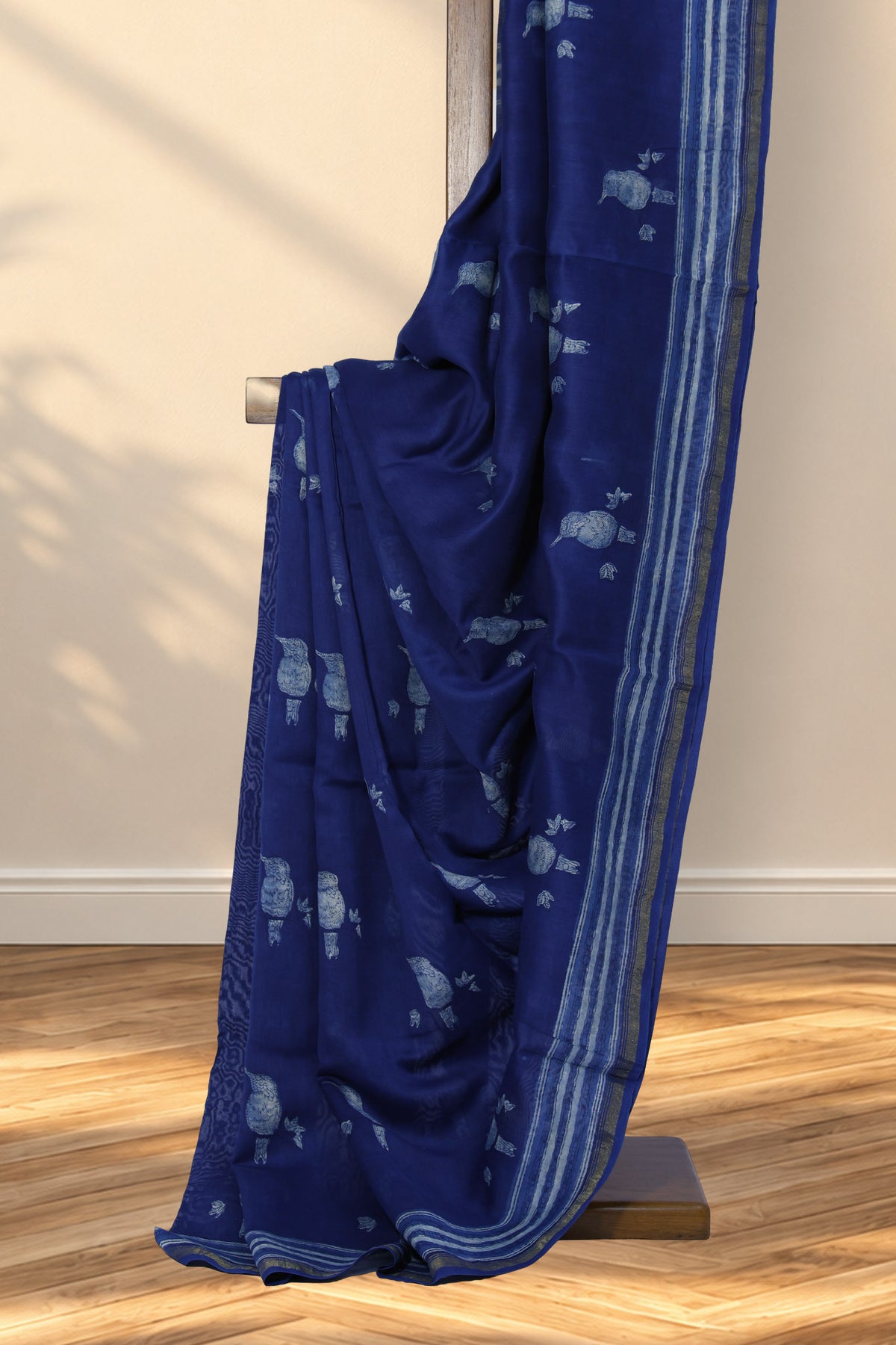 Indigo Chanderi silk Dabu saree with hand block printed hummingbird motifs
