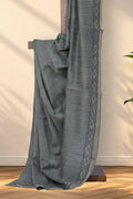Grey Dabu Chanderi silk saree with black grey and white vertical stripes