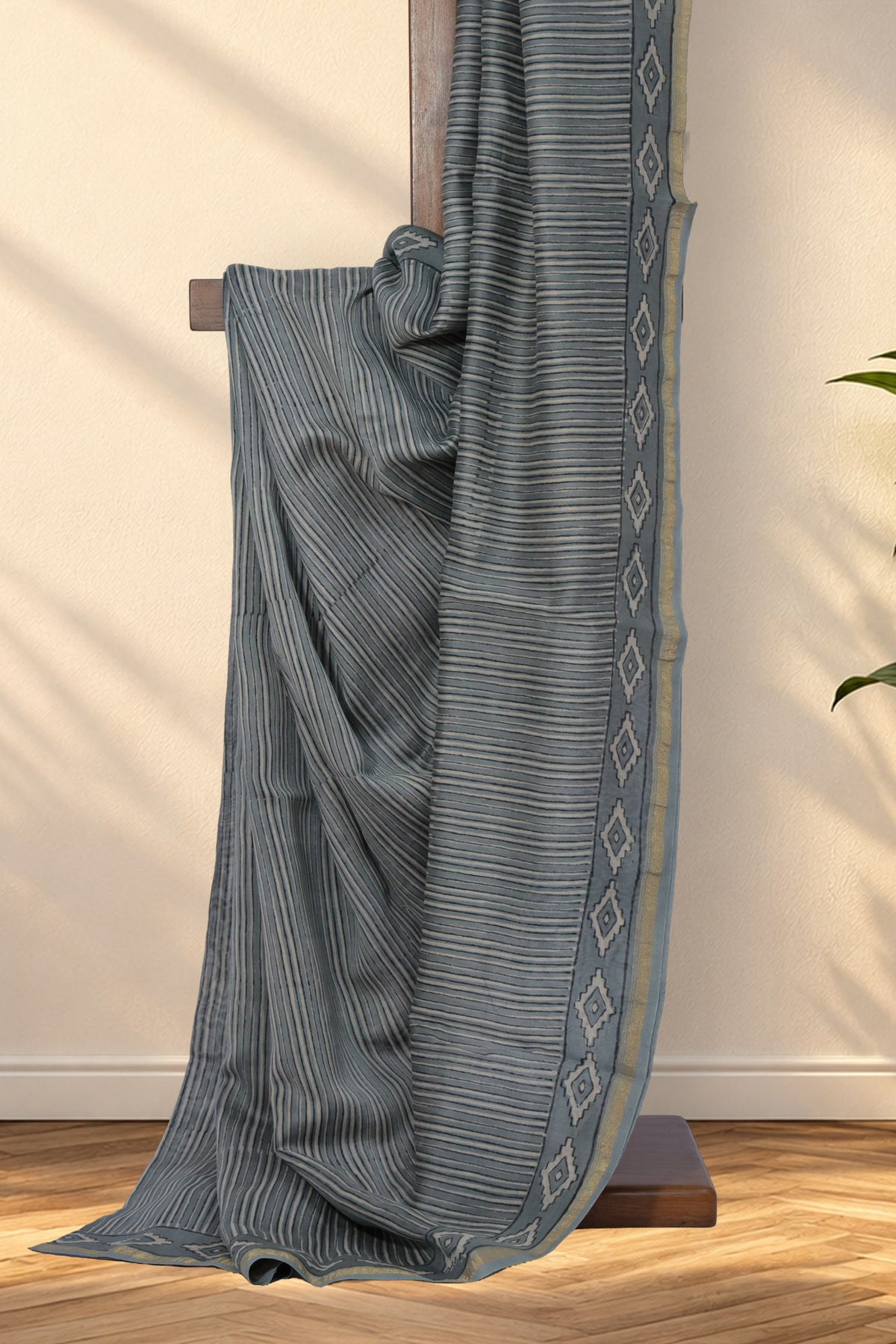 Grey Dabu Chanderi silk saree with black grey and white vertical stripes