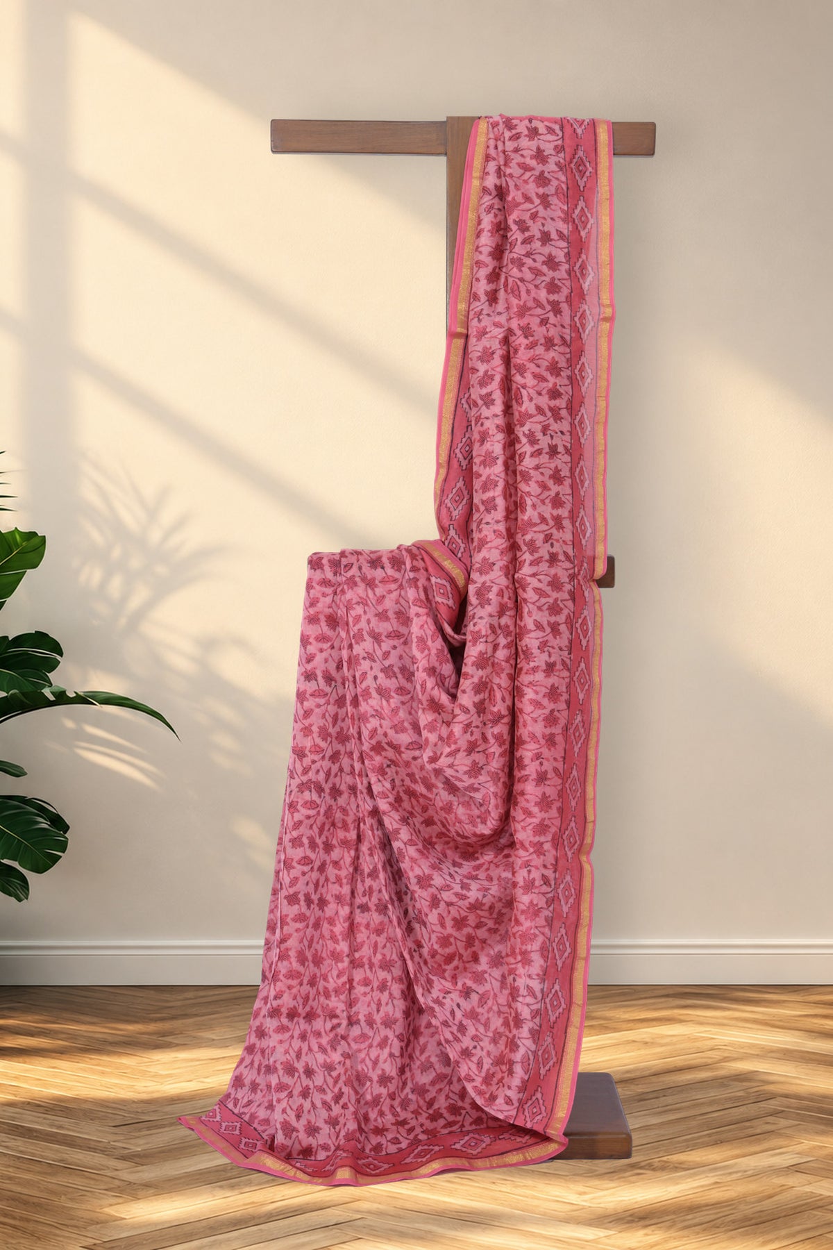 Gulabi Kamal pink Dabu Chanderi silk saree with lotus motifs