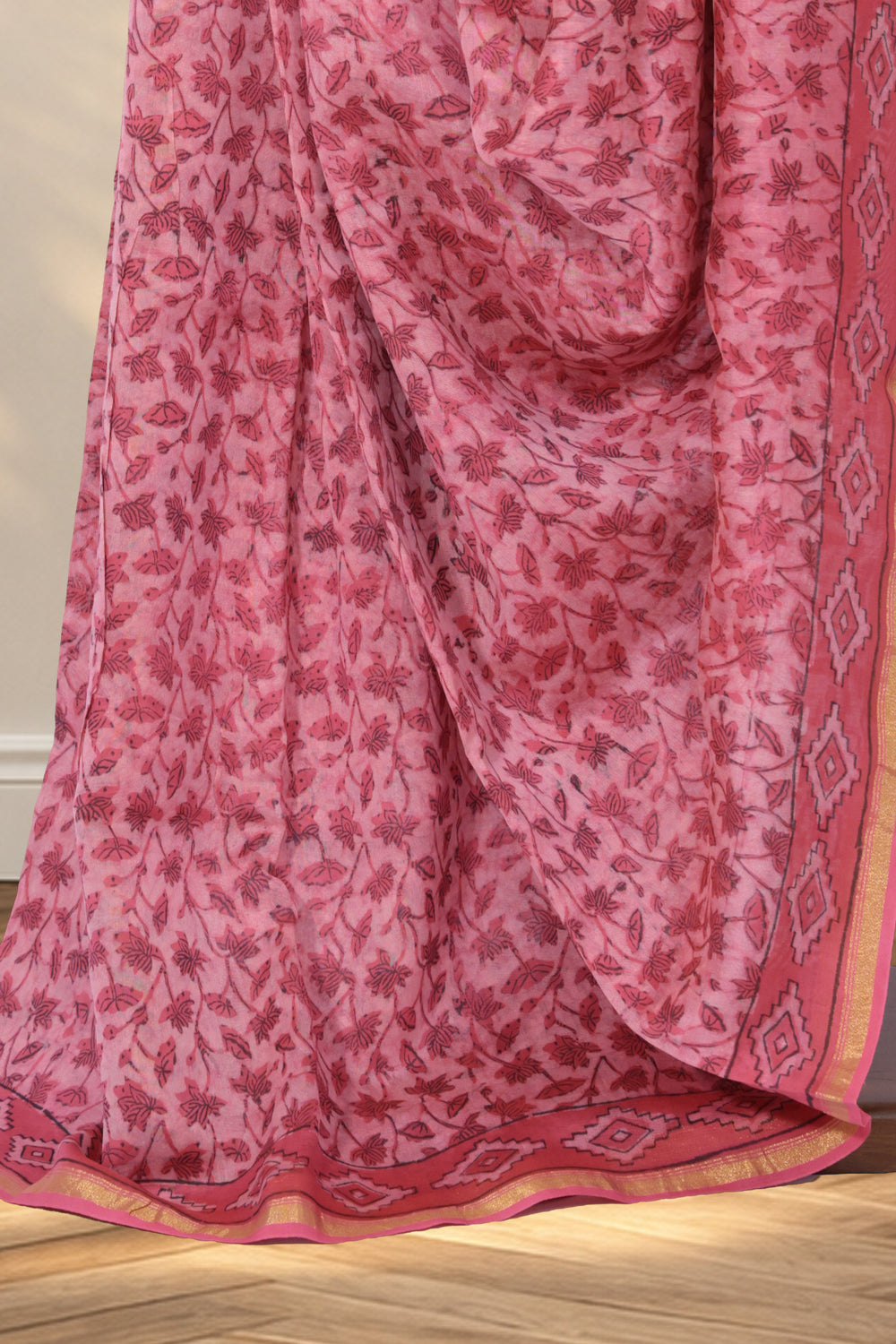 Pink Chanderi silk Dabu saree with hand block printed small lotus motifs