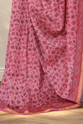 Pink Chanderi silk Dabu saree with hand block printed small lotus motifs