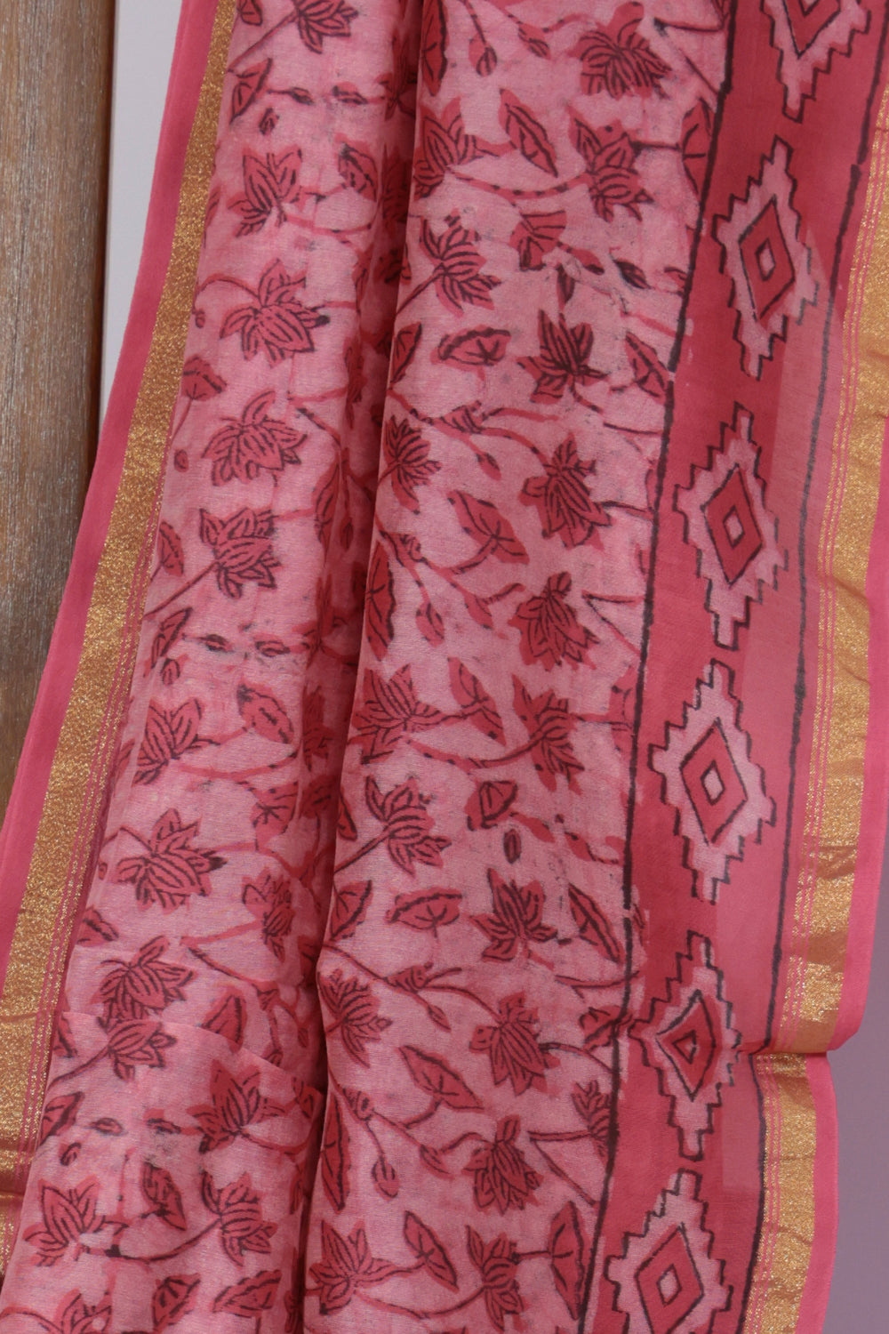 Pink Chanderi silk blouse piece with white polka dots and diamond motif border