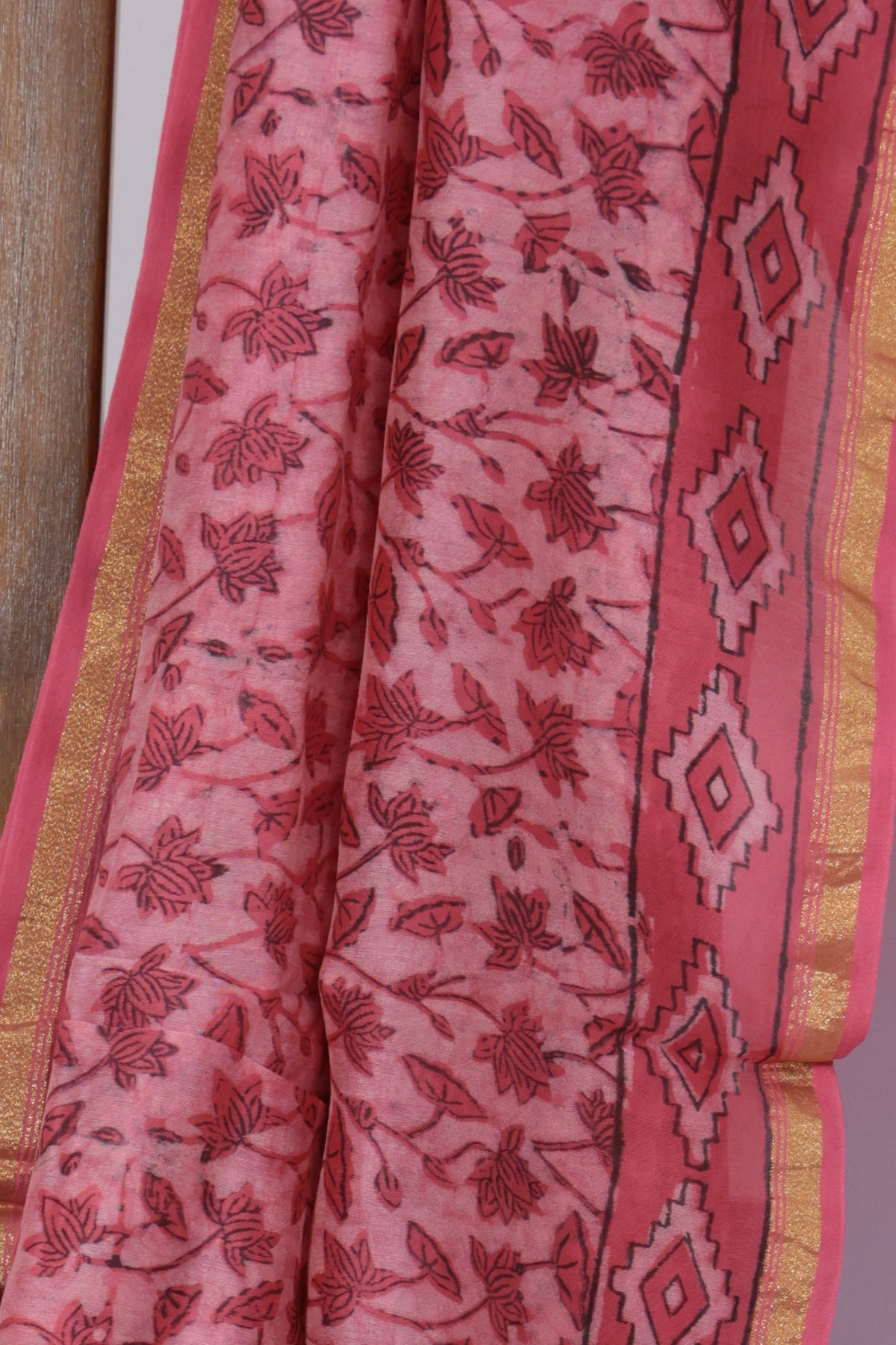 Pink Chanderi silk blouse piece with white polka dots and diamond motif border