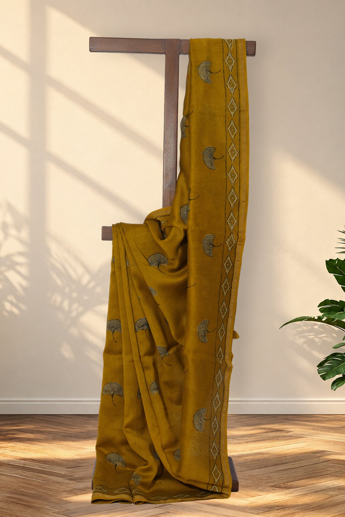 Peeli Chhatri yellow Dabu Chanderi silk saree with mushroom motifs