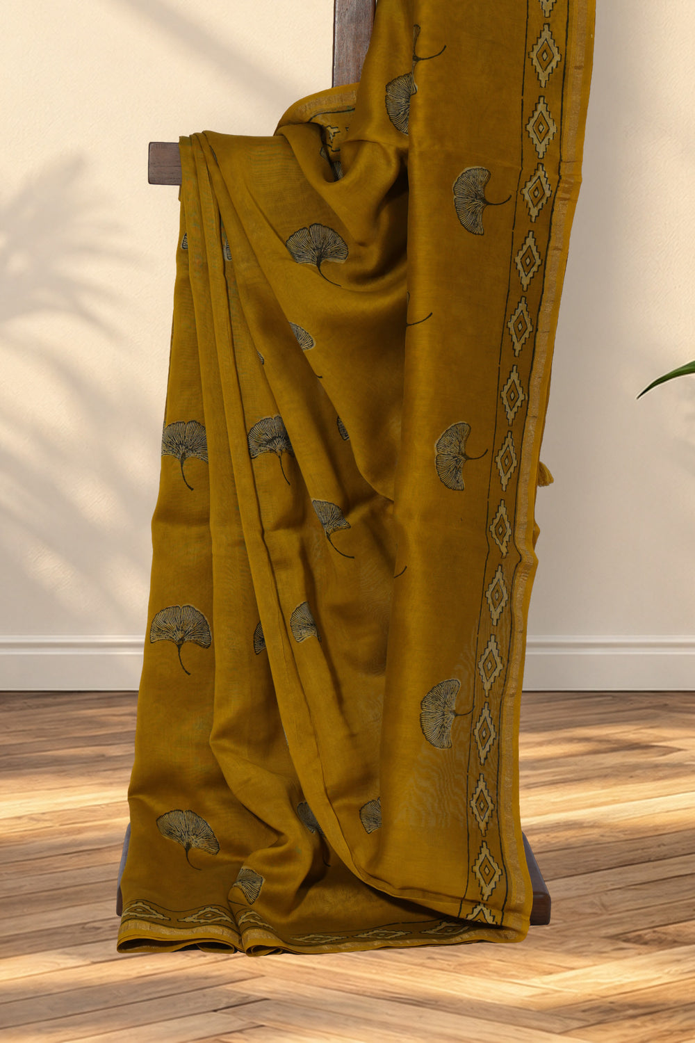 Yellow Chanderi silk Dabu saree with black hand block printed mushroom motifs