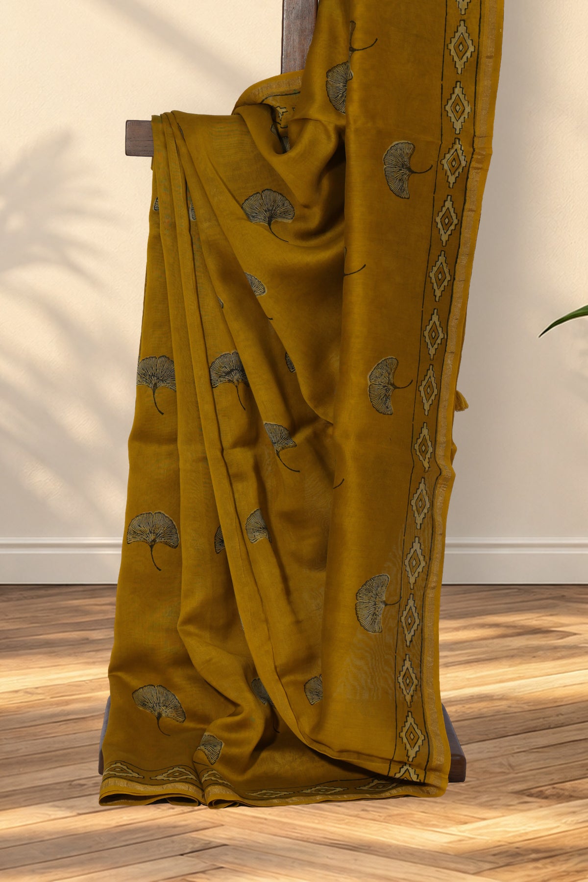 Yellow Chanderi silk Dabu saree with black hand block printed mushroom motifs