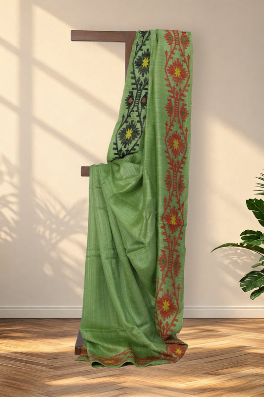Kochi Pata sage green Matka silk saree with Ganga Jamuna border