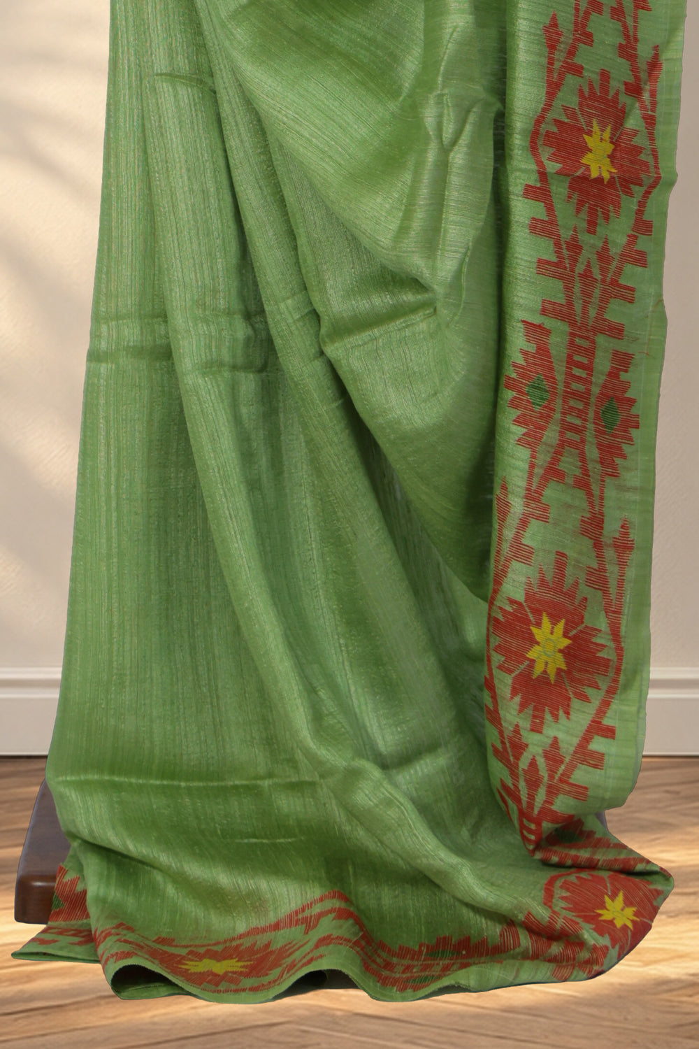 Sage green Bengal handloom Matka silk saree with plain textured body