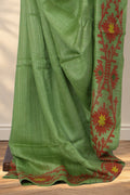 Sage green Bengal handloom Matka silk saree with plain textured body