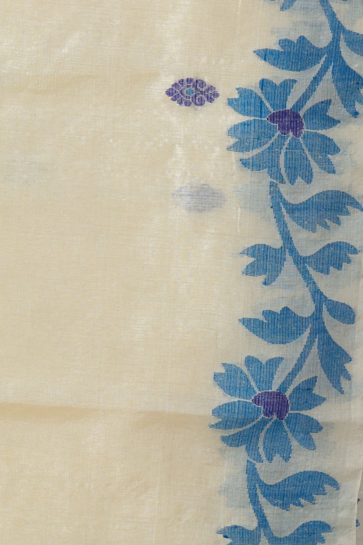 Blue and indigo floral pallu with leaf border on Aparajita Tussar saree