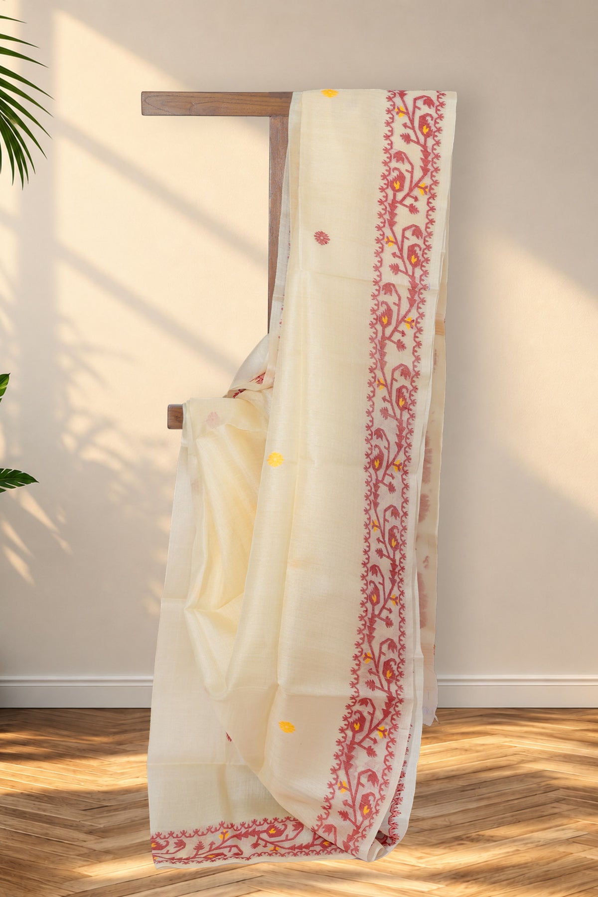 Rongon Buti beige Tussar silk Jamdani saree with red and yellow floral buttis
