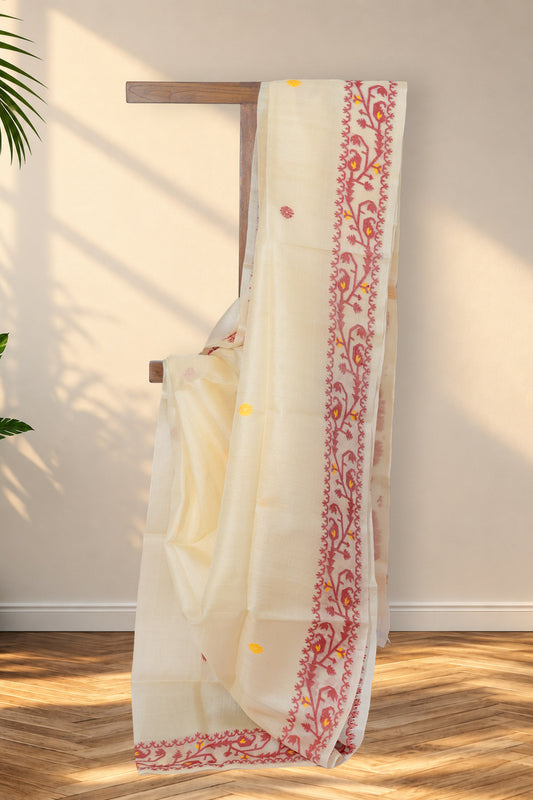 Rongon Buti beige Tussar silk Jamdani saree with red and yellow floral buttis