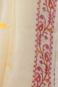 Red geometric motif border on Rongon Buti beige Tussar silk saree