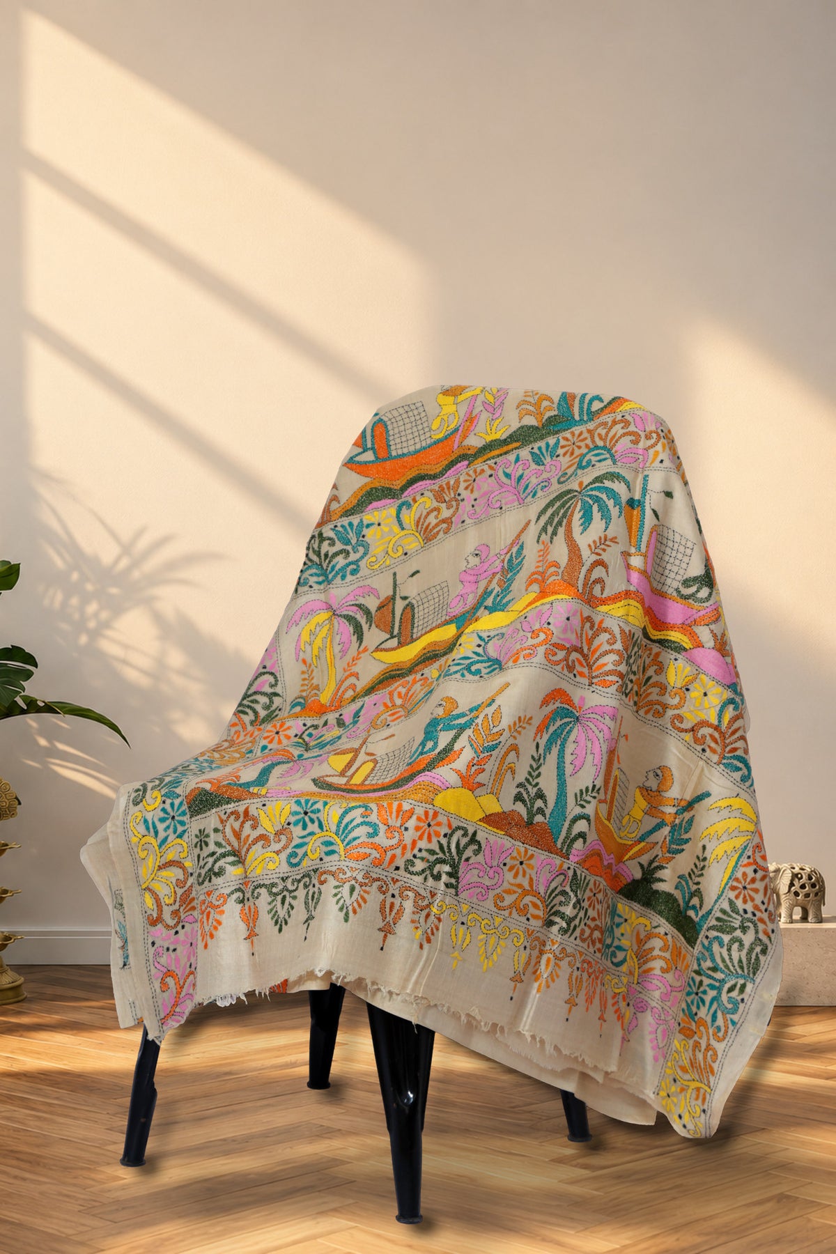Majhir Gaan beige Kantha Gachi Tussar saree with boatman and palm tree motifs