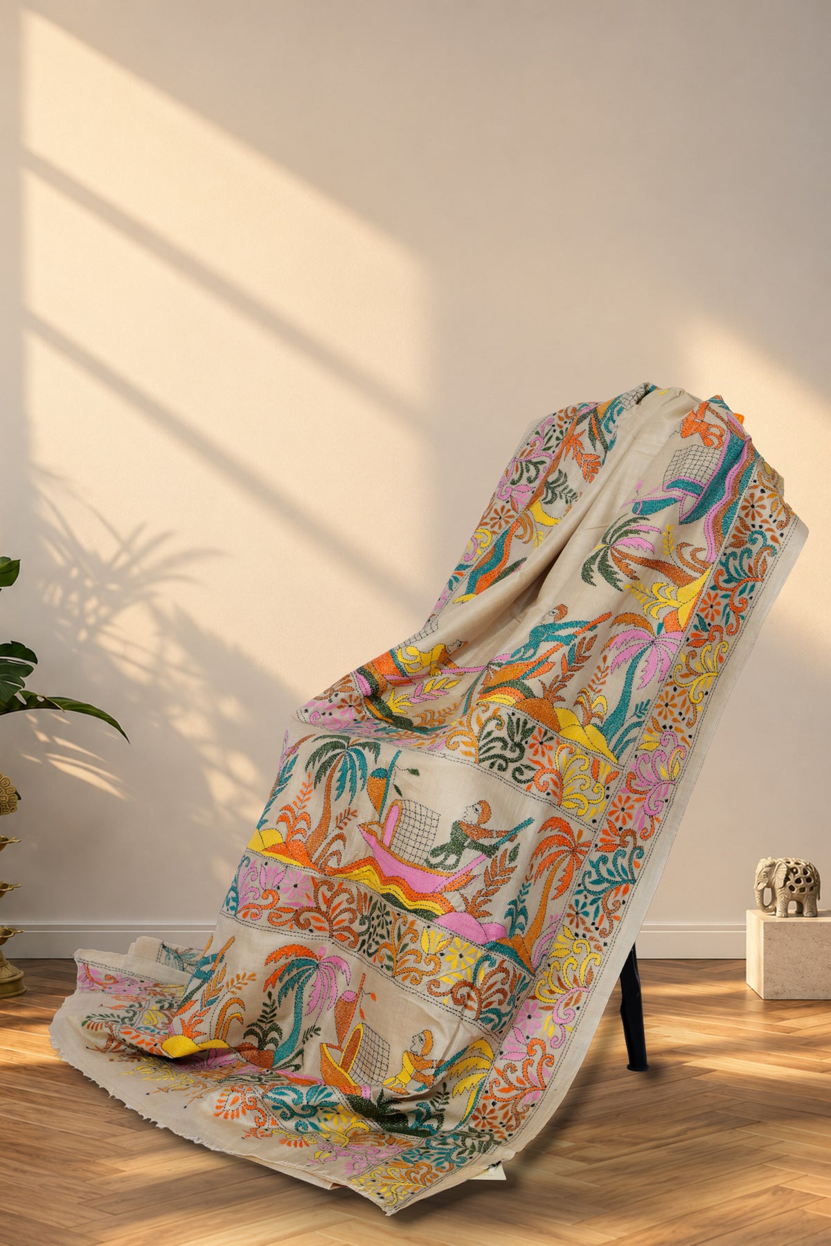 Beige Gachi Tussar saree with multicolour Kantha boatman and palm tree embroidery