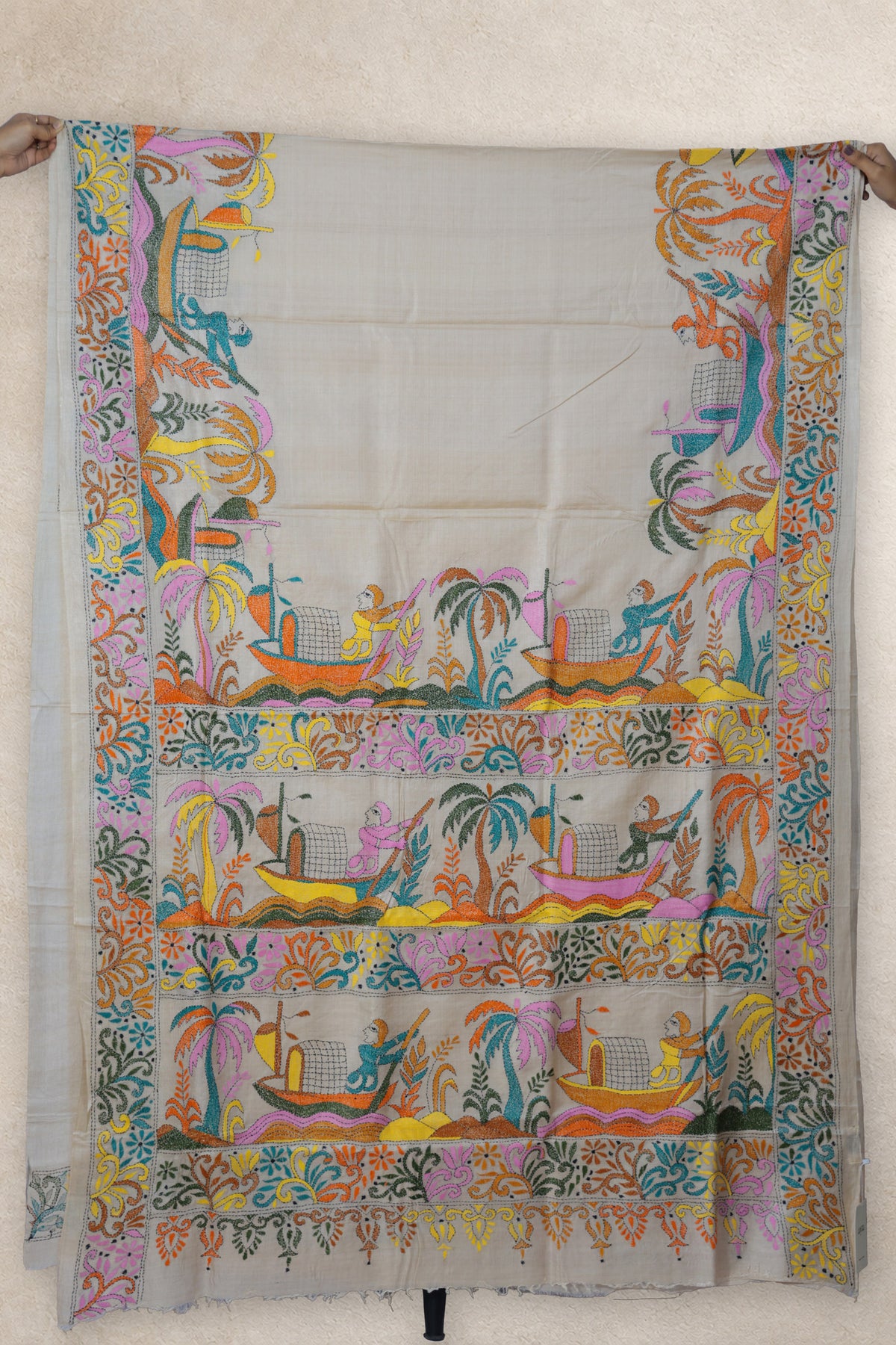 Multicolour floral skirt border on Majhir Gaan Kantha Tussar saree