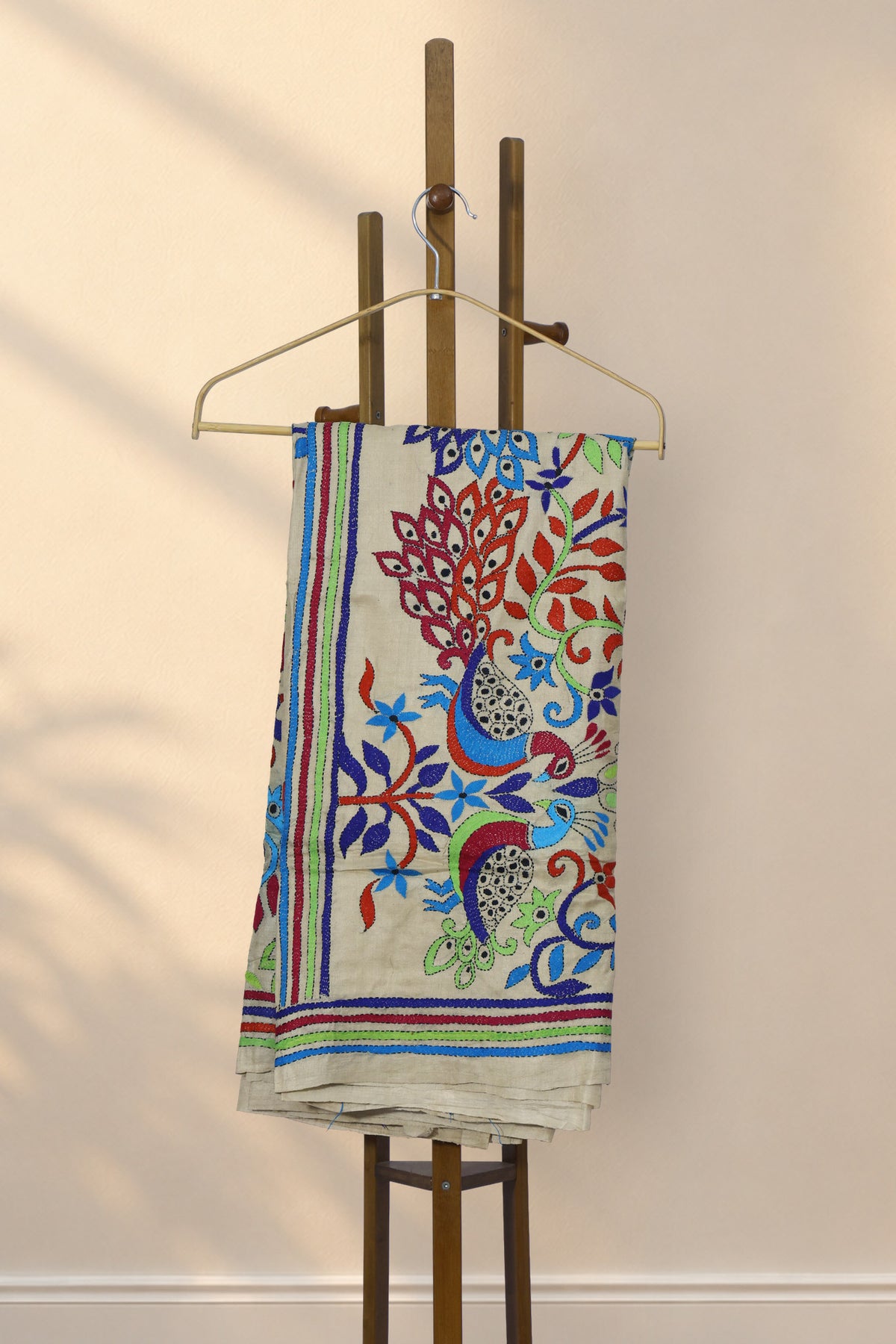 Pekhom beige Kantha Gachi Tussar saree with peacock and floral motifs