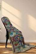 Beige Gachi Tussar saree with multicolour Kantha peacock and floral embroidery