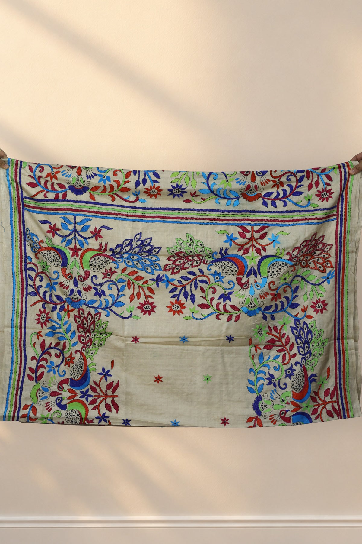Multicolour floral and leaf skirt border on Pekhom Kantha Tussar saree