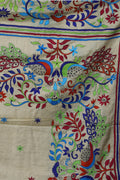Multicolour peacock leaf motifs and stripes on Pekhom Kantha saree pallu