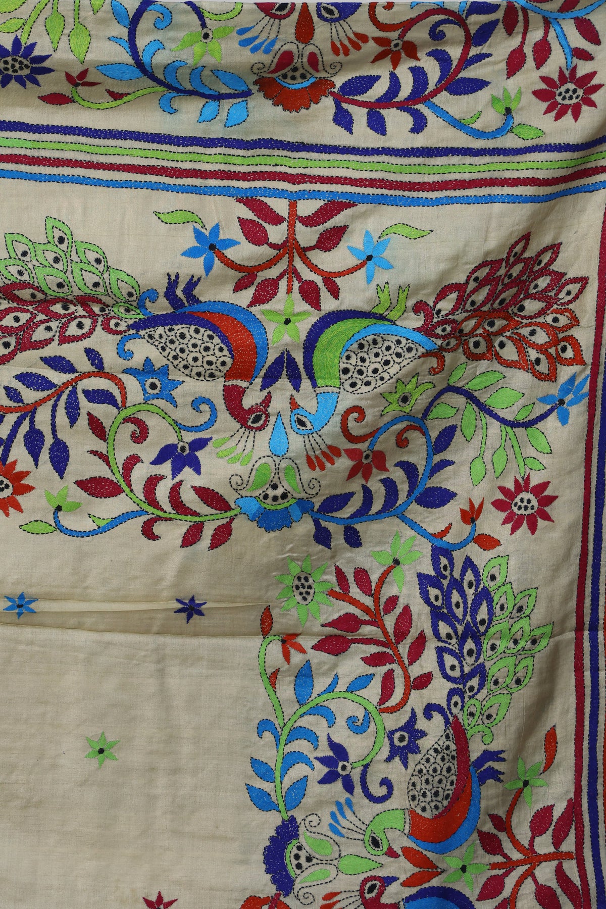 Multicolour peacock leaf motifs and stripes on Pekhom Kantha saree pallu