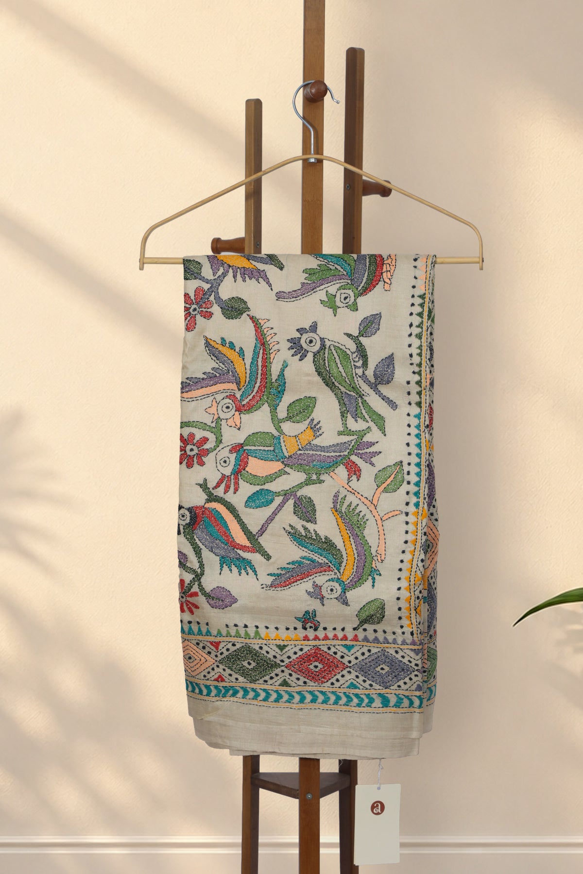 Tiya Bon beige Kantha Gachi Tussar saree with parrot and leaf motifs