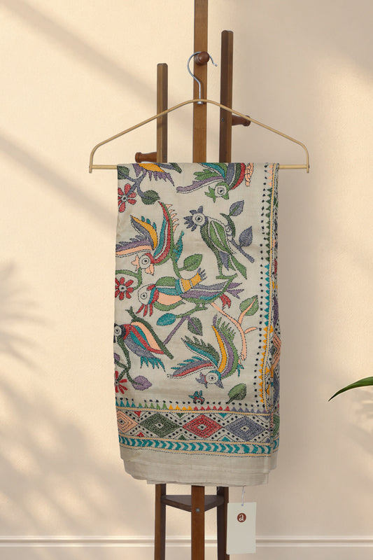 Tiya Bon beige Kantha Gachi Tussar saree with parrot and leaf motifs