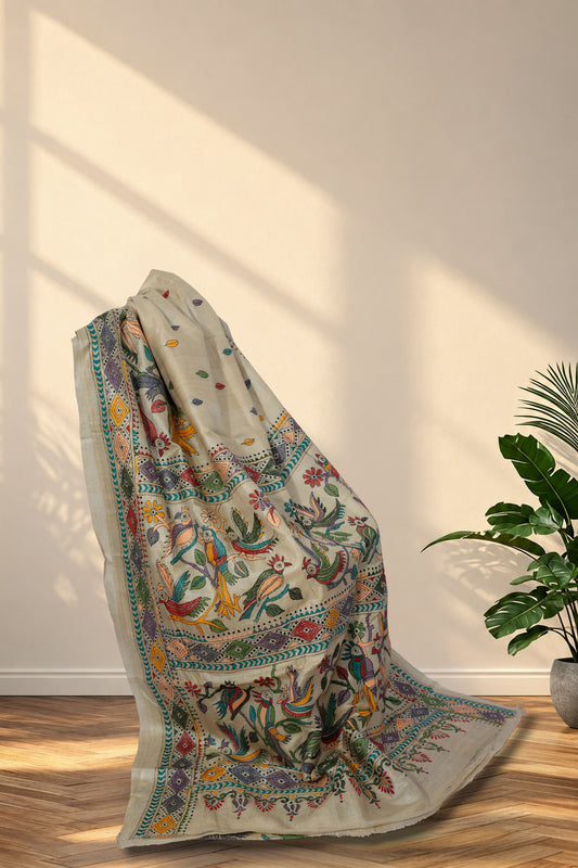 Beige Gachi Tussar saree with multicolour Kantha parrot and leaf embroidery