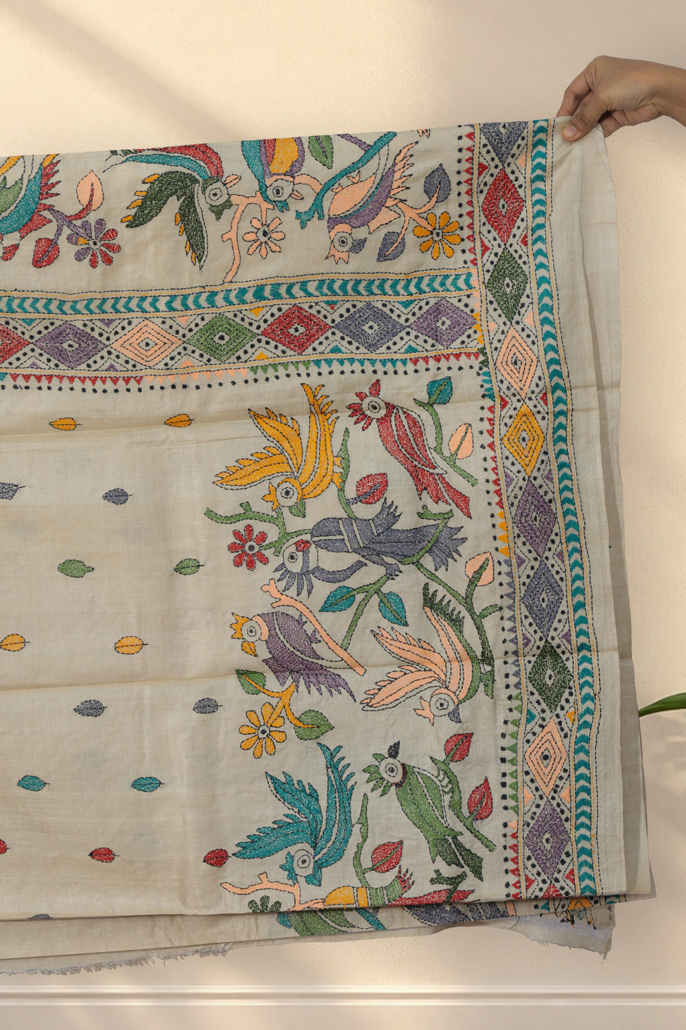 Multicolour parrots leaves and diamond motifs on Tiya Bon Kantha saree pallu
