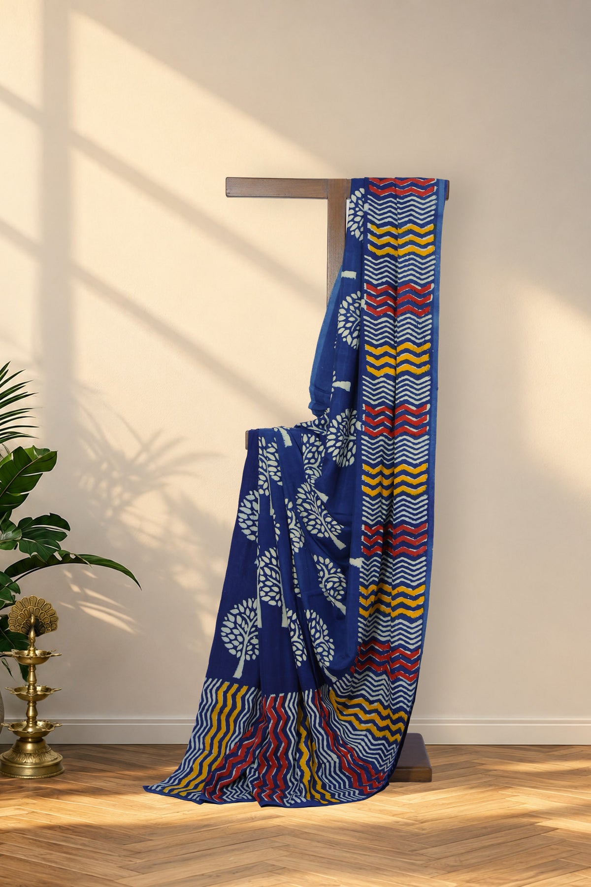 Neel Vriksh indigo Bagru Habutai silk saree with Tree of Life motifs