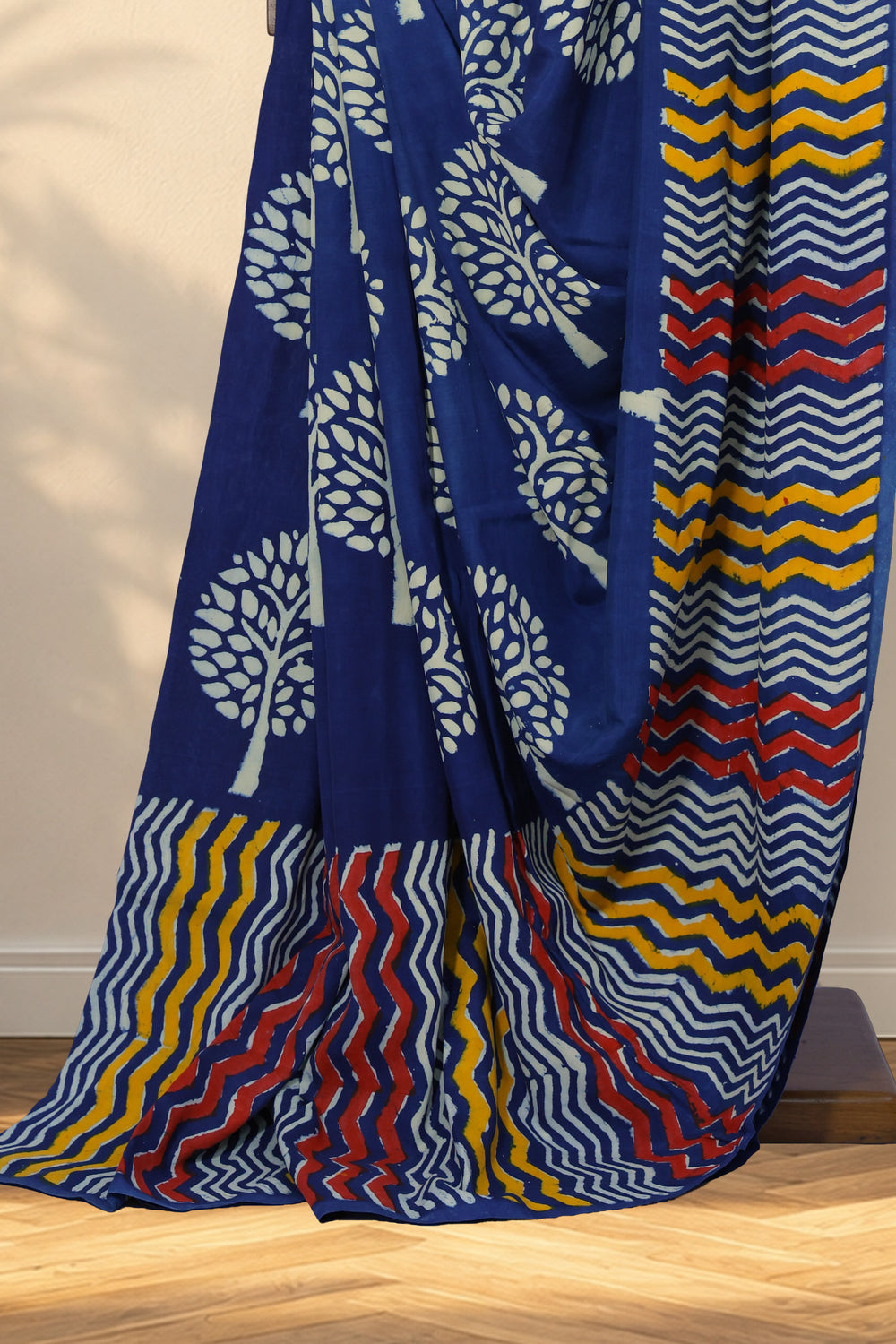 Indigo Habutai silk Bagru saree with hand block printed Tree of Life motifs