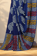 Indigo Habutai silk Bagru saree with hand block printed Tree of Life motifs