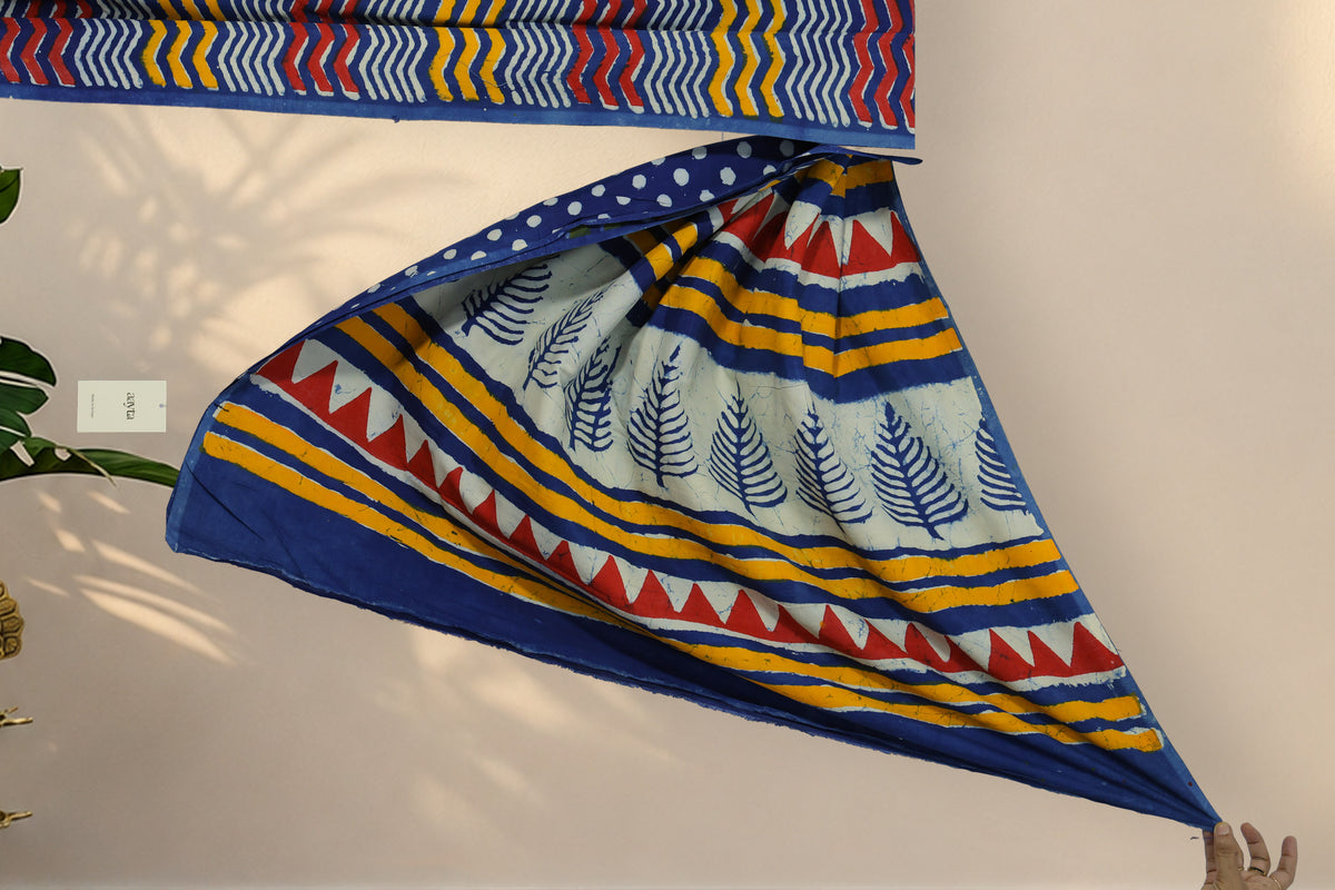 Red yellow and beige zigzag border on Neel Vriksh Bagru silk saree