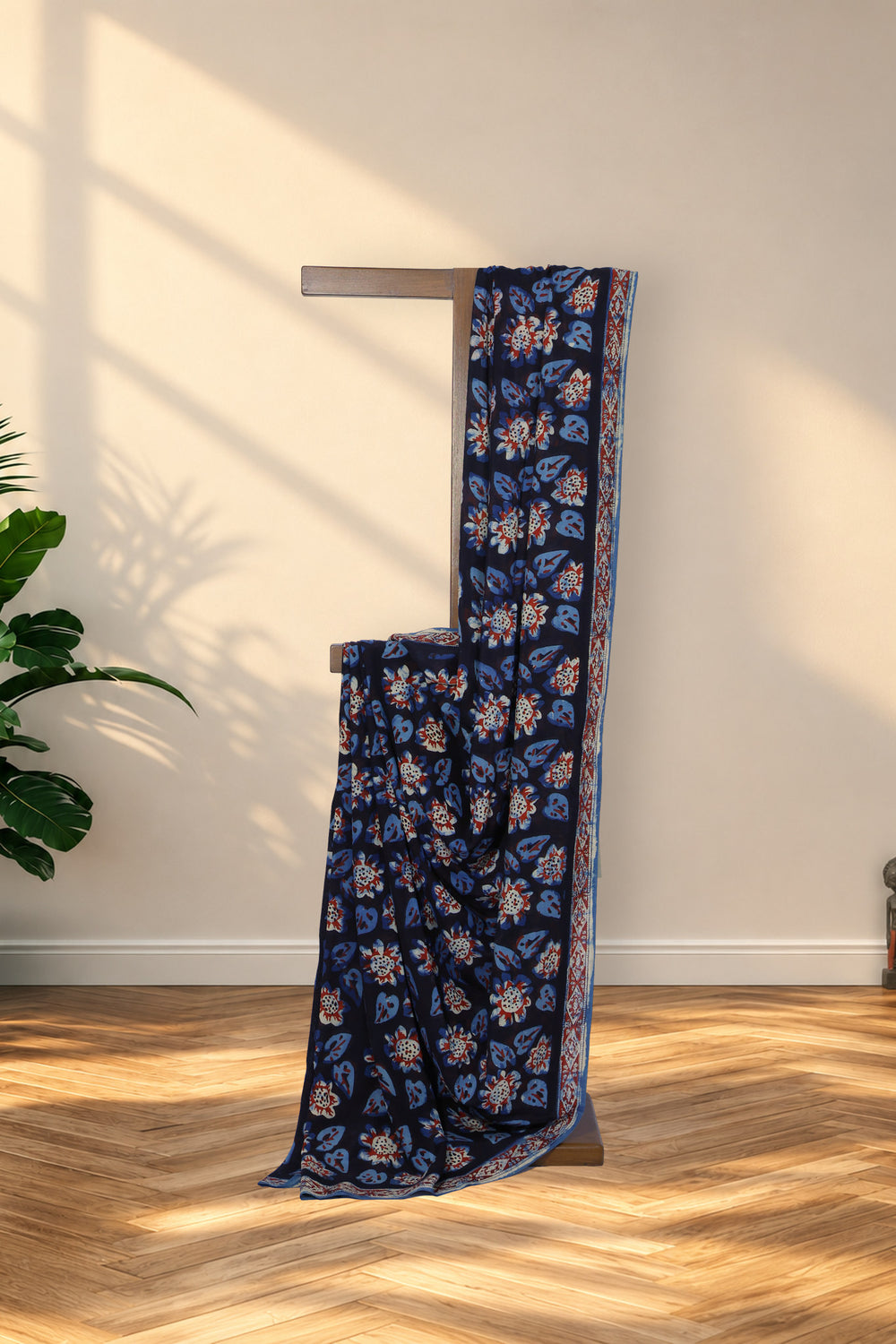 Kaali Bel black Bagru Habutai silk saree with abstract floral motifs
