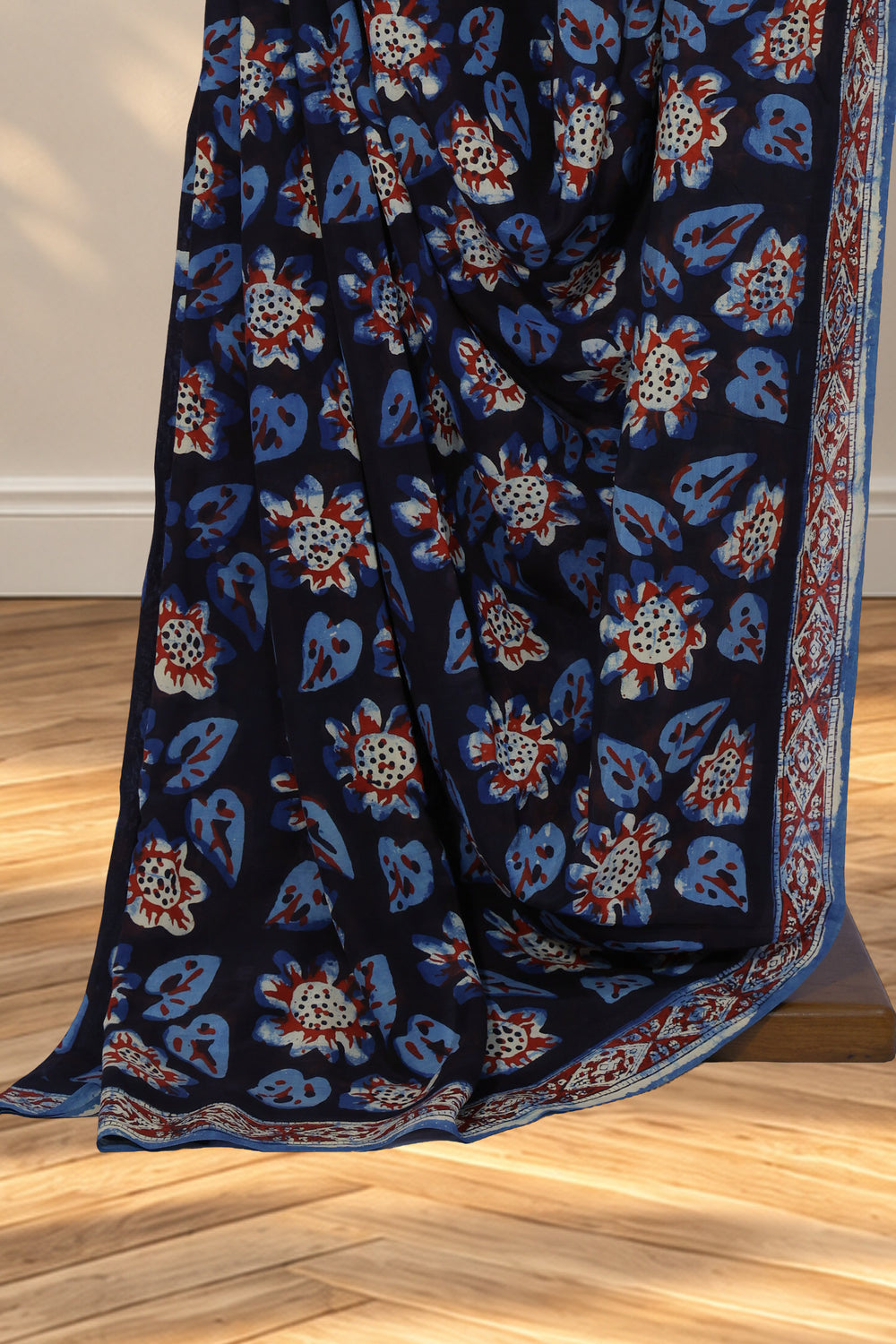 Black Habutai silk Bagru saree with blue red and white abstract leaf and flower prints