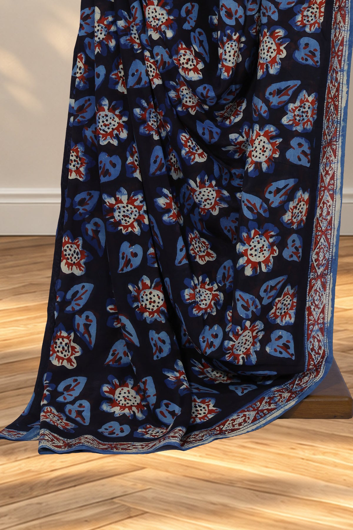 Black Habutai silk Bagru saree with blue red and white abstract leaf and flower prints